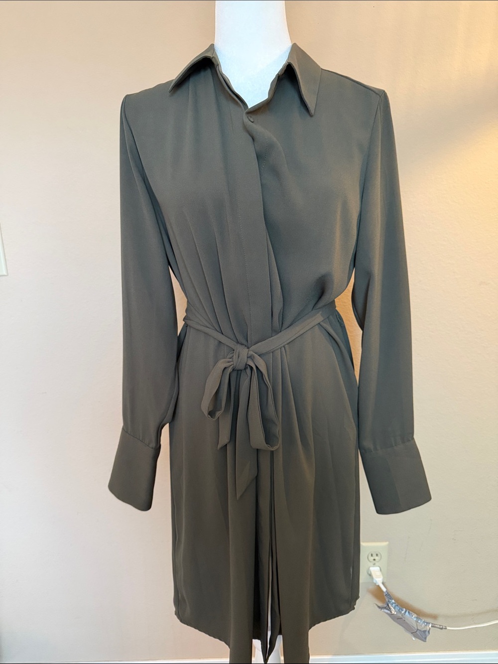 Prologue Olive Green Long-Sleeve Tie-Waist Shirt Dress